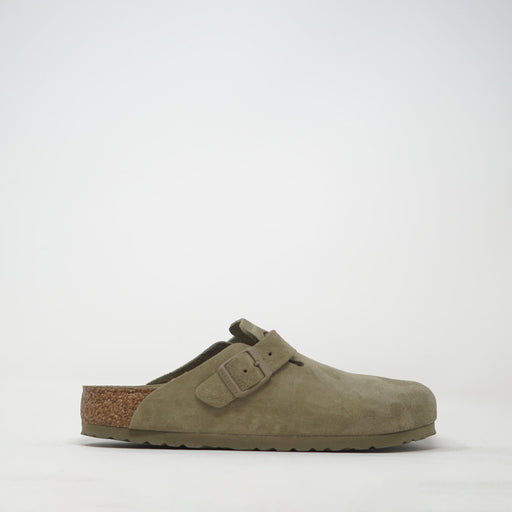 Birkenstock Boston Regular Soft Footbed Suede Clogs Faded Khaki SLIPPERS  - ZIGZAG Footwear