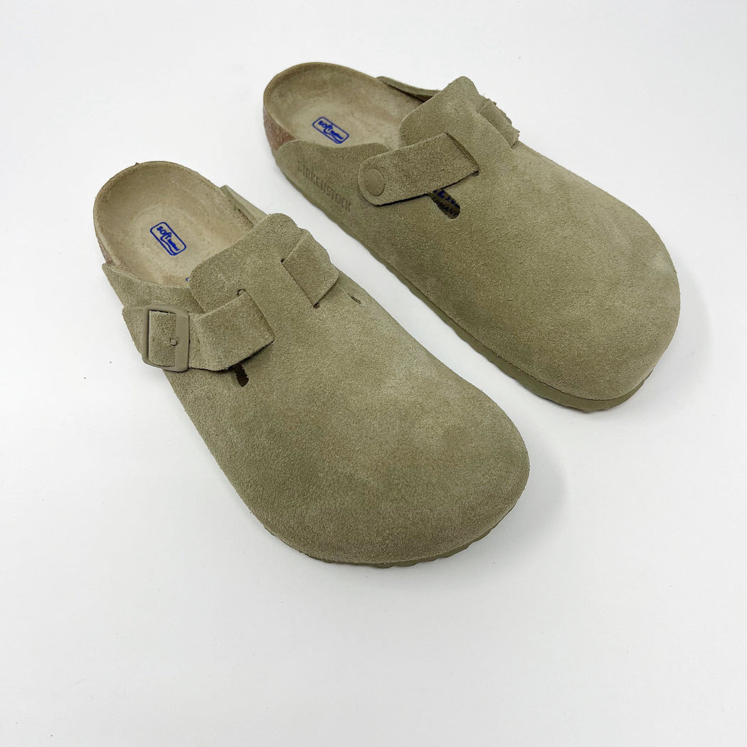 Birkenstock Boston Regular Soft Footbed Suede Clogs Faded Khaki SLIPPERS  - ZIGZAG Footwear