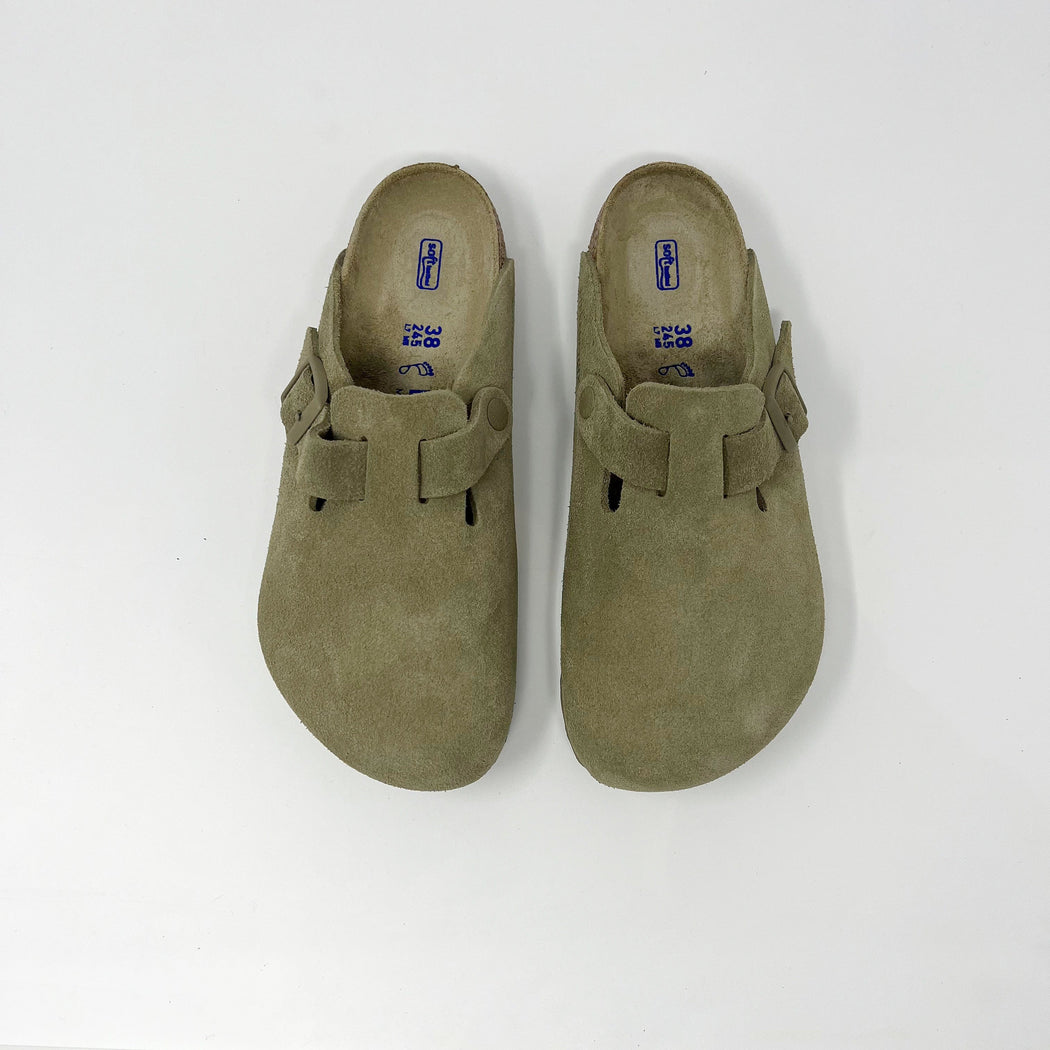 Birkenstock Boston Regular Soft Footbed Suede Clogs Faded Khaki SLIPPERS  - ZIGZAG Footwear
