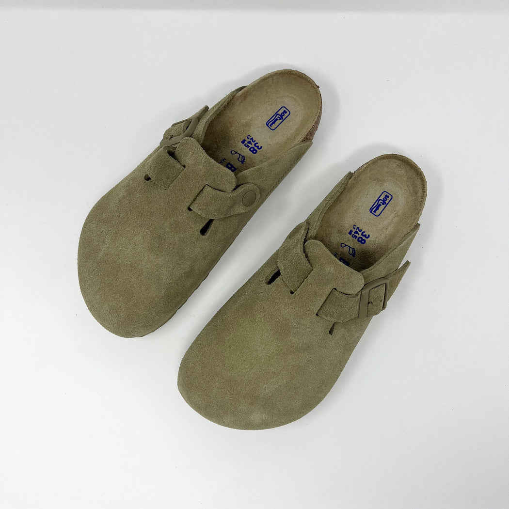 Birkenstock Boston Regular Soft Footbed Suede Clogs Faded Khaki SLIPPERS  - ZIGZAG Footwear