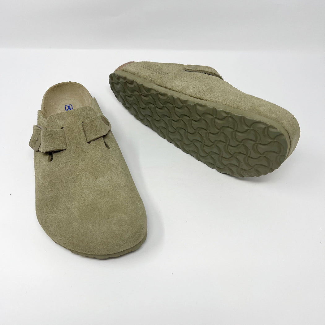 Birkenstock Boston Regular Soft Footbed Suede Clogs Faded Khaki SLIPPERS  - ZIGZAG Footwear